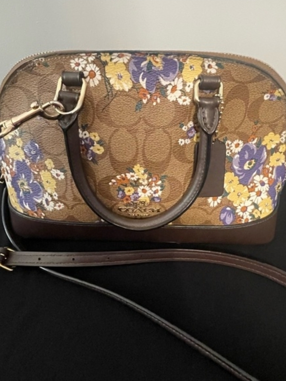 Coach Brown Floral Signature Dome Satchel with Purple & Yellow Accents